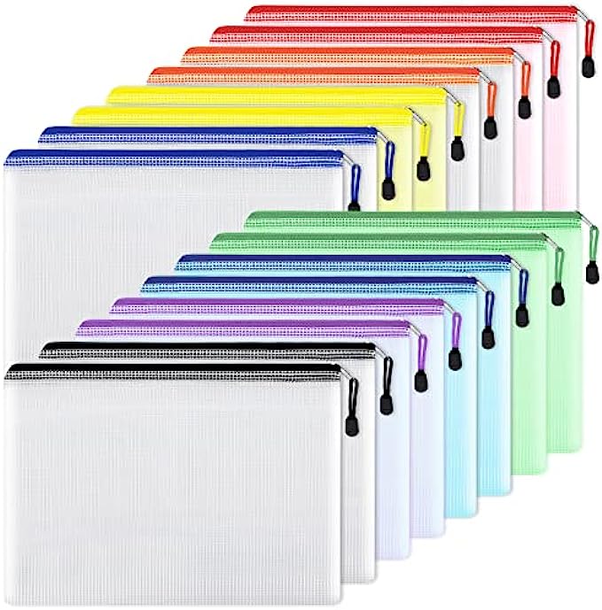 EOOUT 16pcs Mesh Zipper Pouch Document Bag, Zipper Bags for Organizing, Waterproof Zip File Bags, Letter Size, A4 Size, for School Office Supplies, Storage Bags, 8 Colors